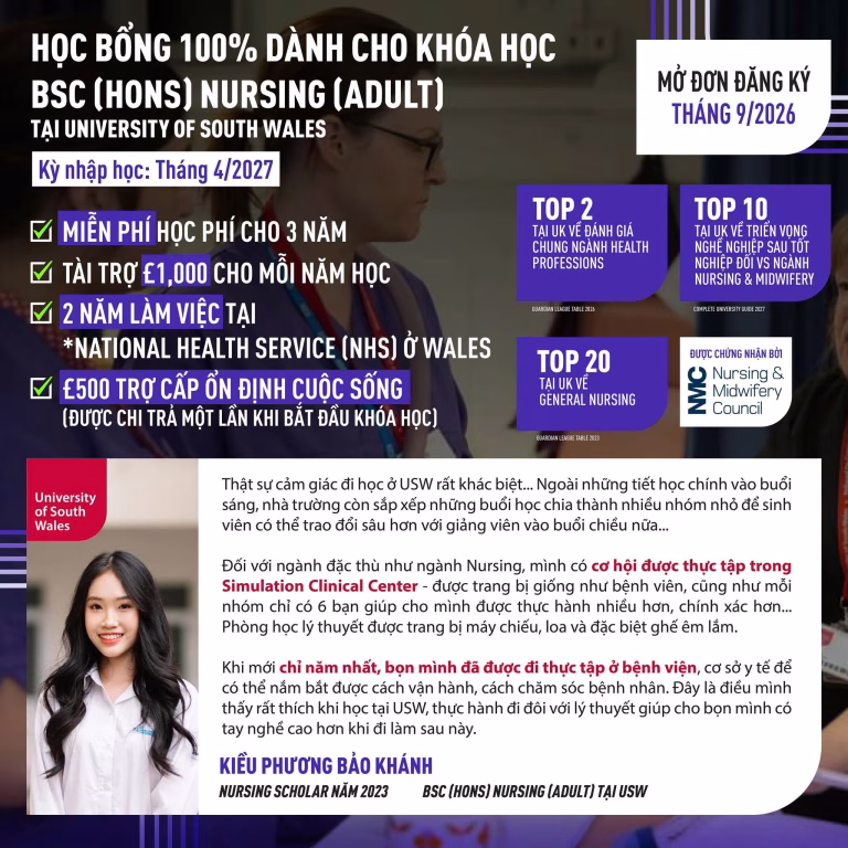 Học bổng 100% ngành Nursing tại UK